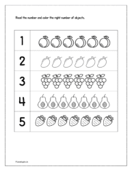 Read the number and color the right number of objects (1 to 5)