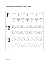 Read the number and color the right number of objects (11 to 13)