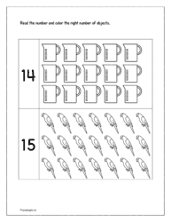 Read the number and color the right number of objects (14 to 15)