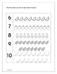 Read the number and color the right number of objects (6 to 10)