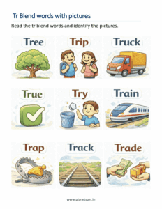 Read Tr blends words and identify the pictures