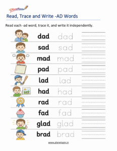 Read, Trace and Write -AD Words Worksheet