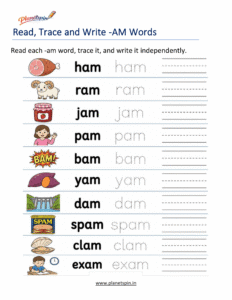 Read, Trace and Write -AM Words Worksheet