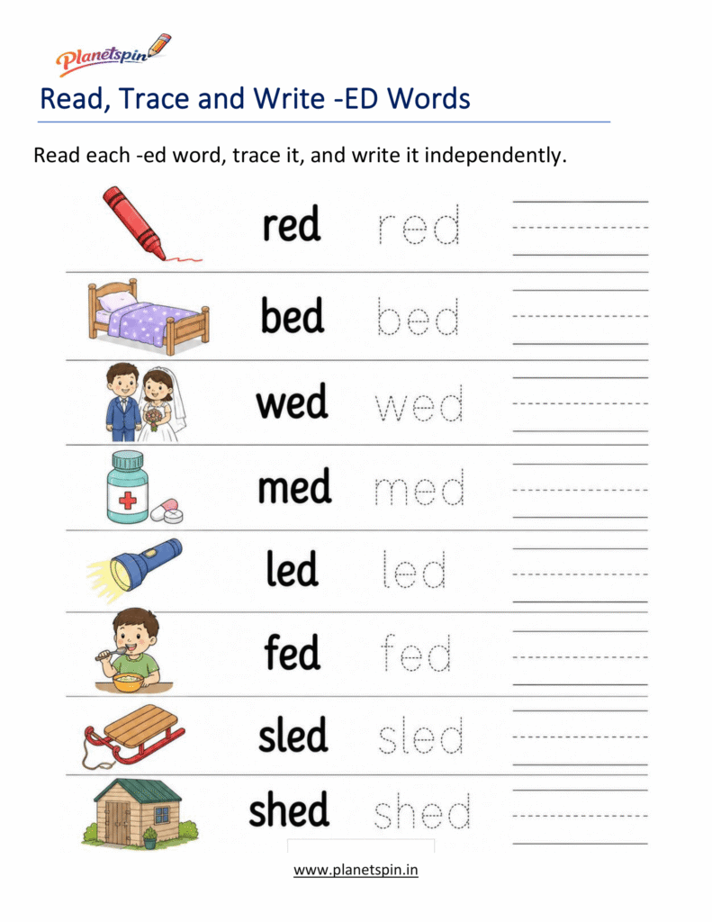 Read, Trace and Write -ED Words Worksheet