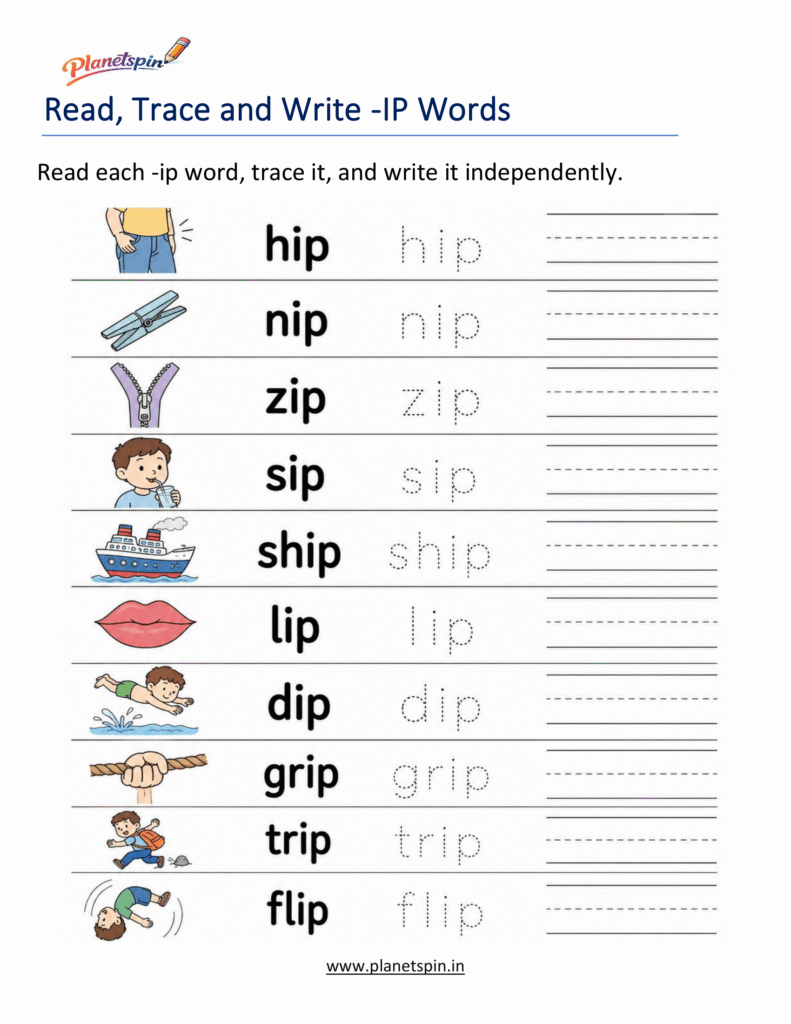 Read, Trace and Write -IP Words Worksheet