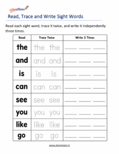 Read, trace, and write sight word review worksheet for kindergarten
