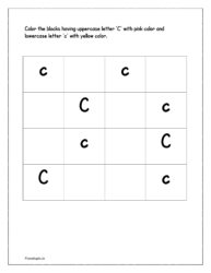 Color the uppercase letter 'C' with pink color and lower case alphabet 'c' with yellow color in the worksheet