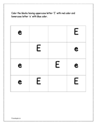 Color the upper case letter 'E' with red color and lower case alphabet 'e' with blue color  in the worksheet