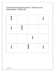 Color the upper case alphabet 'I' with pink color and lower case alphabet 'i' with blue color