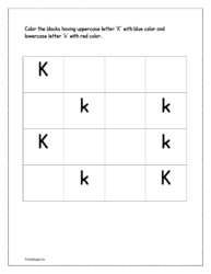 Color the upper case alphabet 'K' with blue color and lower case alphabet 'k' with red color