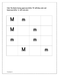 Color the upper case alphabet 'M' with blue color and lower case alphabet 'm' with red color  in the worksheet