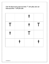 Color the upper case alphabet 'T' with yellow color and lower case alphabet 't' with pink color  in the worksheet