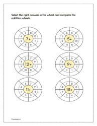 Select the right answers in the wheel and complete the addition wheels