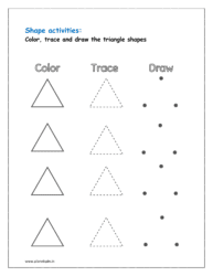 Color, trace and draw the triangle shapes (Preschool shapes worksheets for kindergarten pdf)