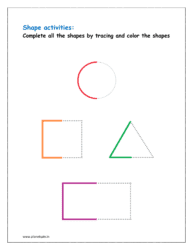 Complete all the shapes by tracing and color the shapes (shapes preschool worksheet)