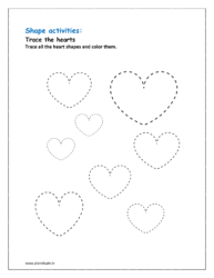 Trace all the heart shapes and color them (Preschool shapes worksheets for kindergarten pdf)