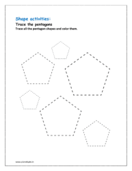 Trace all the pentagon shapes and color them (shapes preschool worksheet)