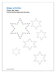 Trace all the star shapes and color them (shapes preschool worksheet)