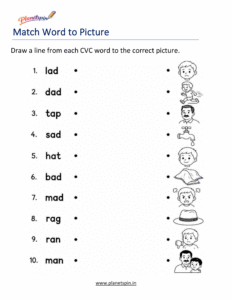 Match Short A CVC Words to Pictures Worksheet