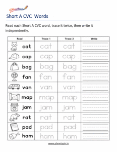 Read, Trace and Write Short A CVC Words Worksheet