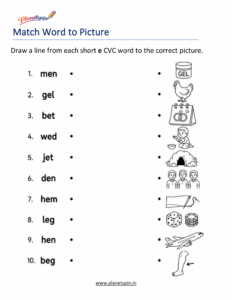 Match Short E CVC Words to Pictures Worksheet