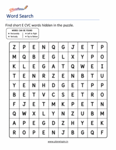 Short E CVC Word Search Printable