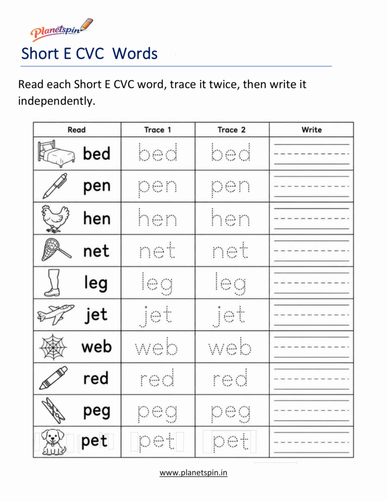 Read, Trace and Write Short E CVC Words Worksheet