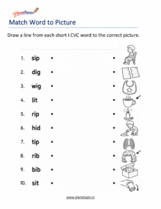 Match Short I CVC Words to Pictures Worksheet
