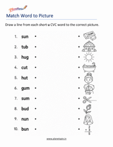 Match Short U CVC Words to Pictures Worksheet
