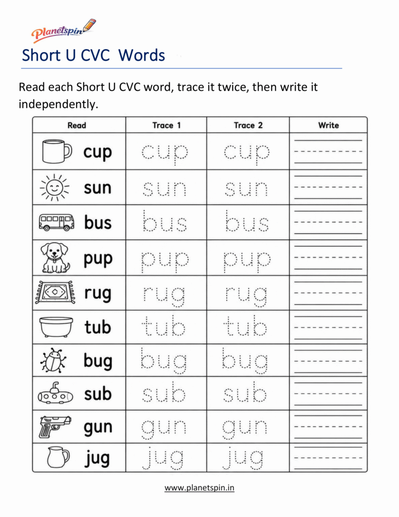 Read, Trace and Write Short U CVC Words Worksheet
