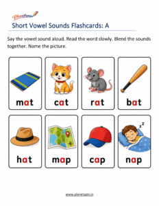 Short A vowel sound worksheet with cat hat bat words
