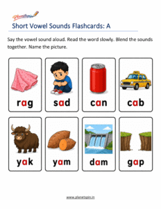 Kindergarten short vowel phonics flashcards with colorful pictures