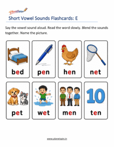 Short E vowel flashcards with pen hen ten pictures