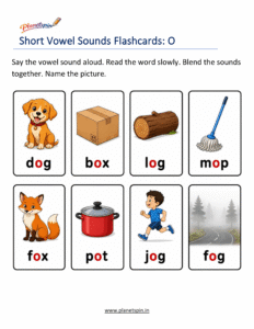 Short O vowel phonics flashcards with colorful illustrations