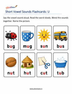Short U sound learning worksheet for preschool children