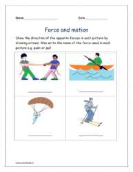 Direction of opposite force: Show the direction of the opposite forces in each picture by drawing arrows. Also write the name of the force used in each picture e.g. push or pull