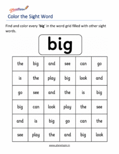 Color the sight word big kindergarten worksheet