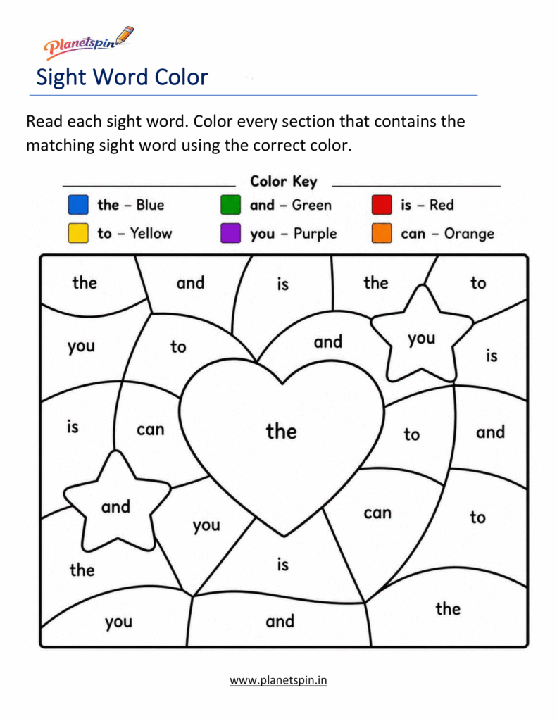 Color by sight word review printable worksheet