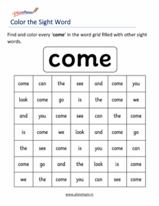 Color the sight word come kindergarten worksheet