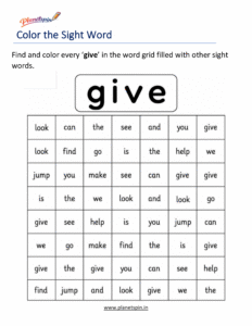 Color the sight word give kindergarten worksheet