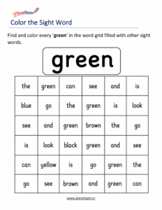 Color the sight word green kindergarten worksheet