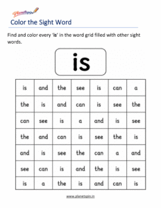 Color the sight word is kindergarten worksheet
