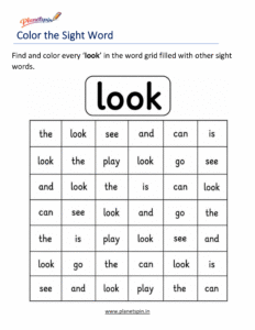 Color the sight word look kindergarten worksheet