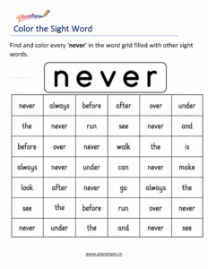 Color every never in the word grid