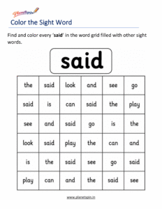 Color the sight word said kindergarten worksheet