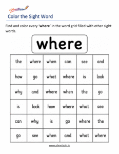 Color the sight word where kindergarten worksheet