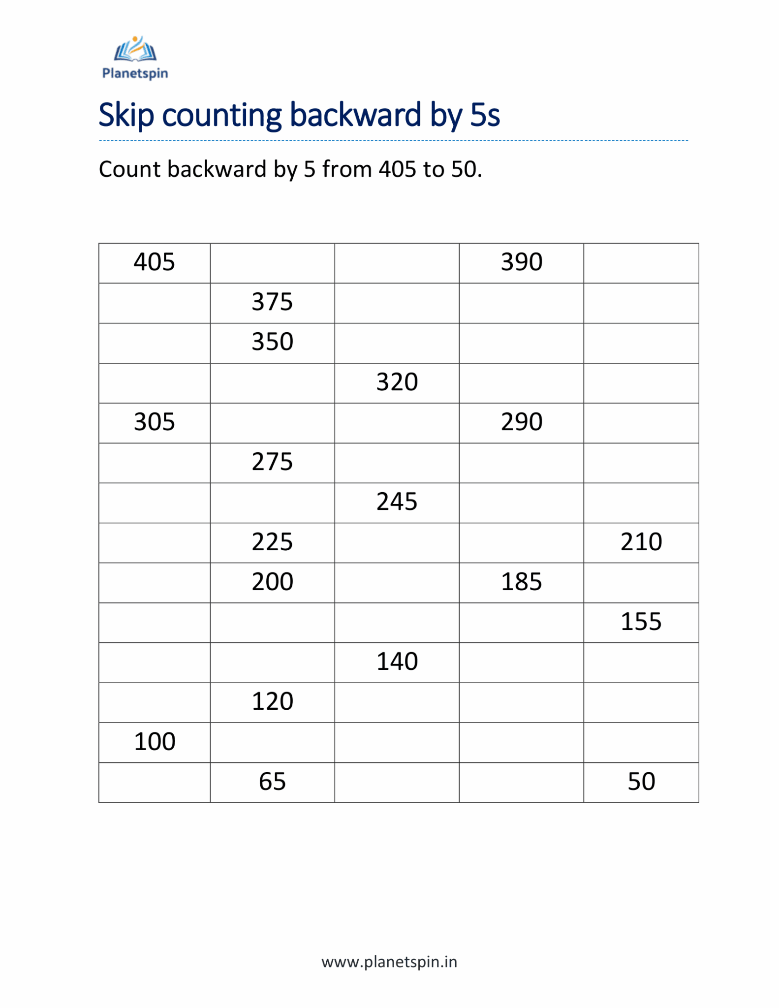 Skip counting backwards by 5 worksheets for grade 2