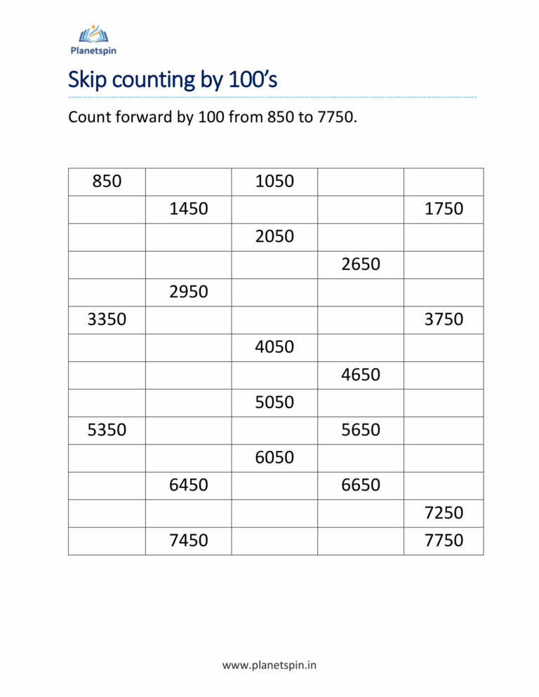 Skip counting by 100 worksheets for grade 2 | Planetspin.in