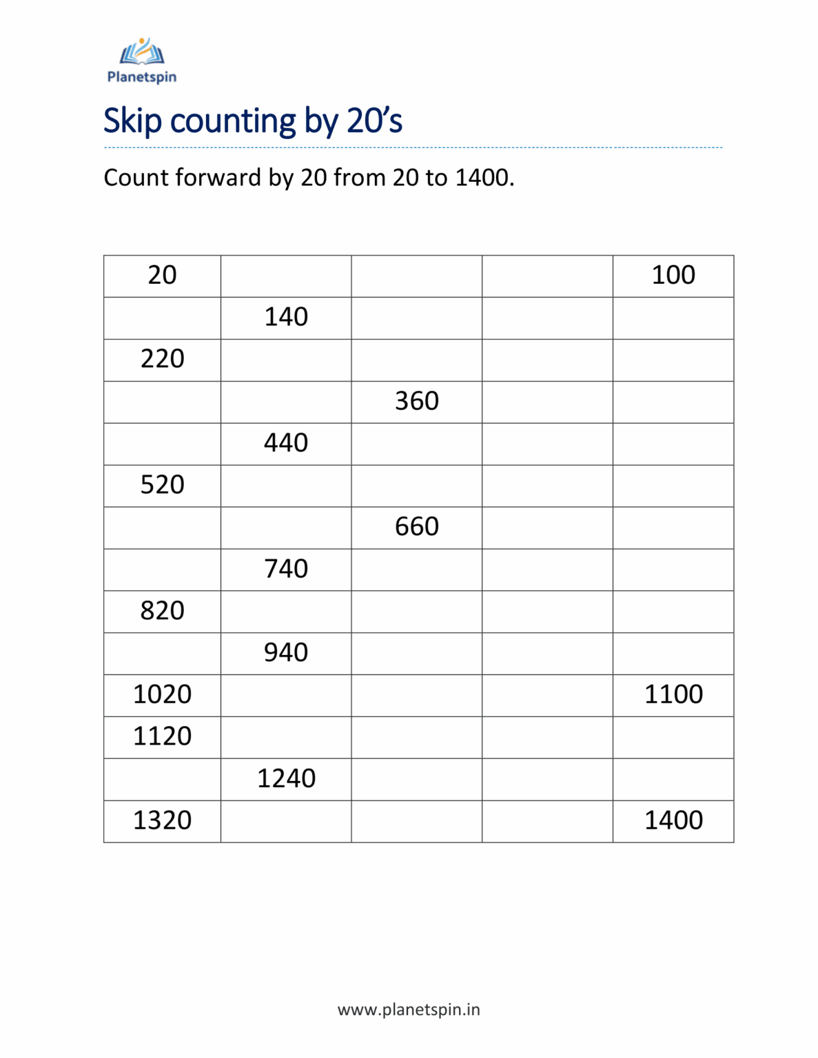 Skip counting by 20 worksheets pdf for grade 2