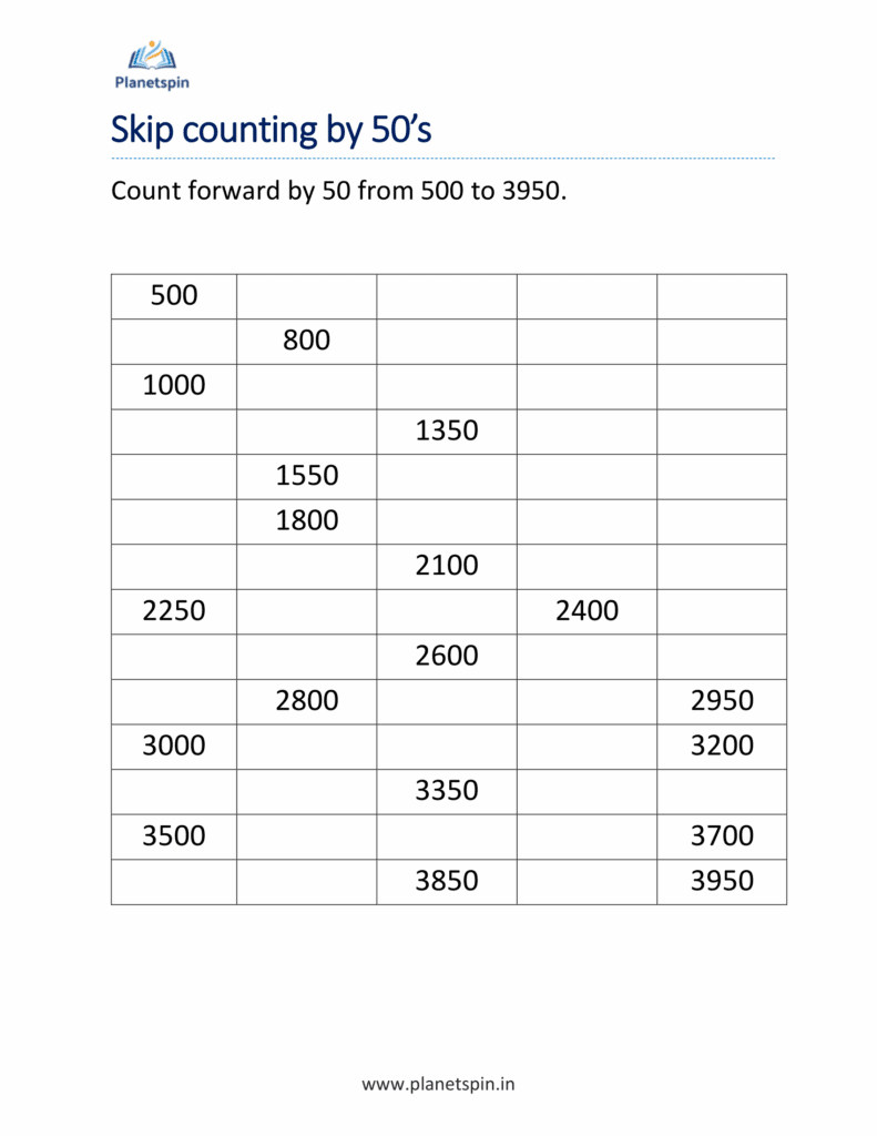 Skip counting by 50 worksheets for grade 2 | Planetspin.in